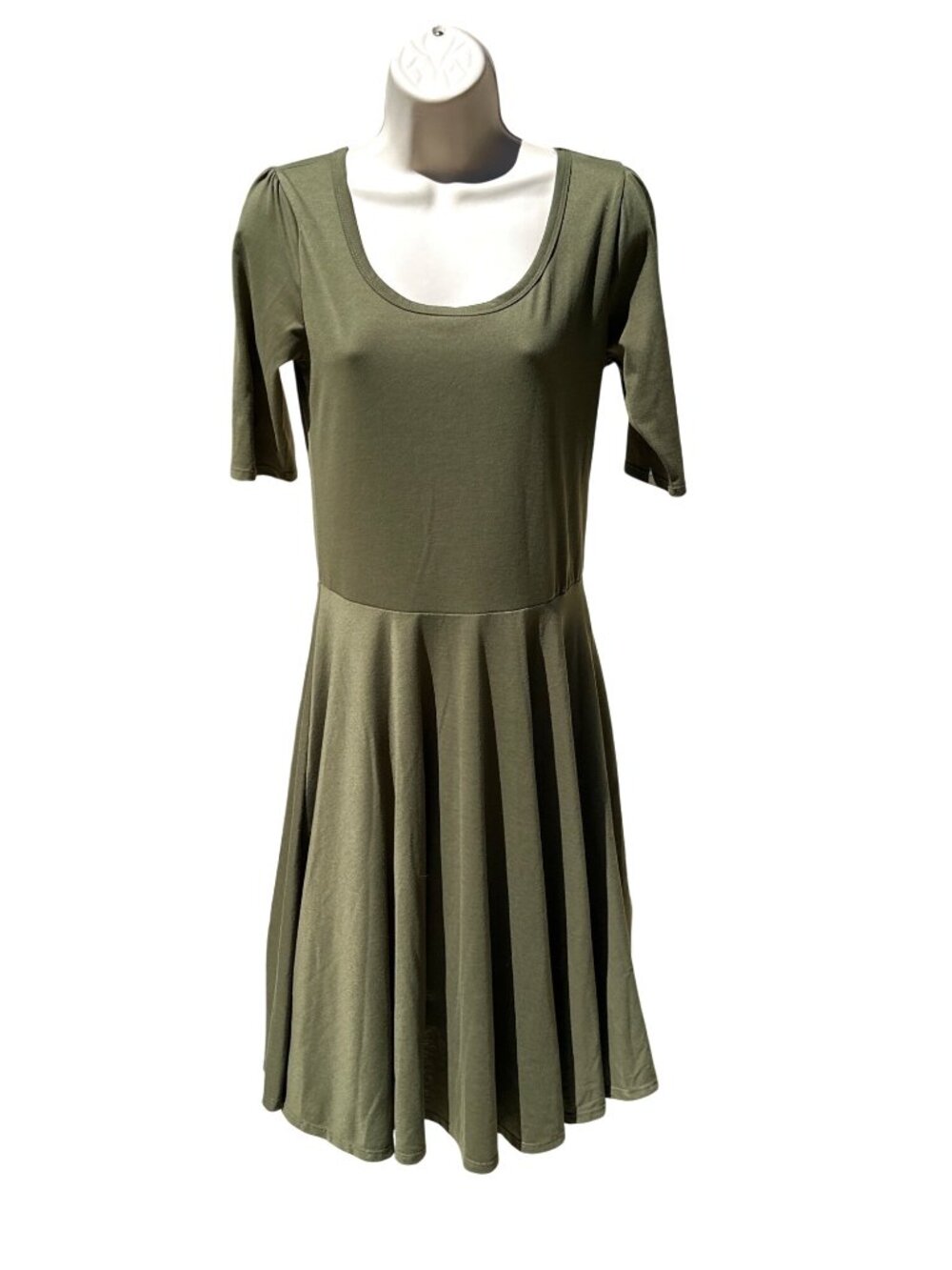 LuLaRoe XS Olive Green Nicole Fit And Flare Midi Circle Skirt Stretch Knit Dress